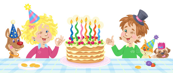 Obraz premium Happy birthday! Cute girl, funny boy in carnival hats with their pets are sitting at the table with a big cake with candles. In cartoon style. Isolated on white background. Vector flat illustration.
