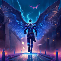 Photo of Resurrection of wings man, starship, science fiction background digital art illustration