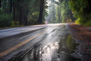 Fototapeta premium Wet asphalt road in the forest with fog in the morning after rain. American road. Generative AI.