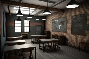 an empty classroom with an industrial twist, featuring sleek metal and brick walls, created with generative ai