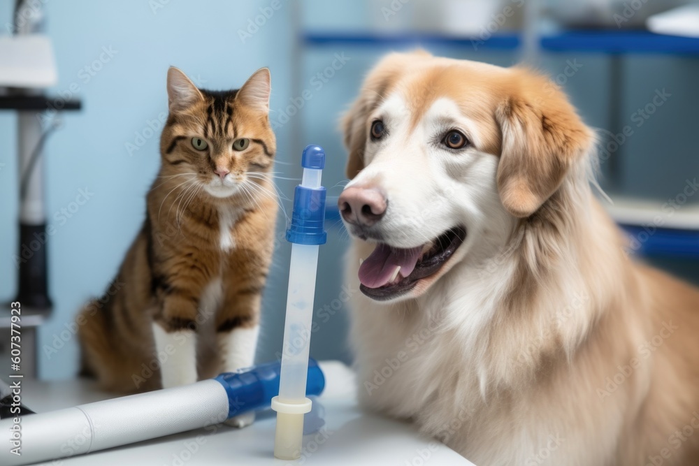 Sticker feline scientist, with test tube in hand, conducting experiment on canine colleague, created with generative ai