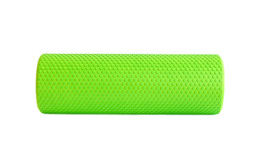 A green massage foam roller isolated on a white background. Close-up. Foam rolling is a self myofascial release technique. Concept of fitness equipment.