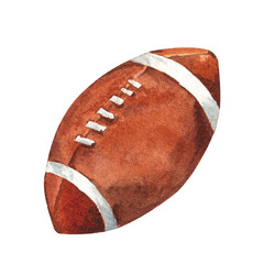 Watercolor illustration of sports rugby ball. Hand drawing football ball isolated on transparent. © ELENA