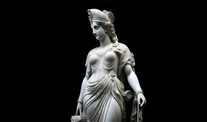 Marble statue of an ancient Greek goddess Athena on plain black background. Ancient greek sculpture photography from Generative AI
