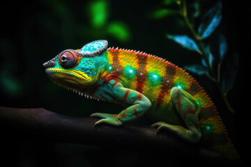 Fototapeta premium Neon chameleon sitting on a branch, vibrant colors. Generative AI