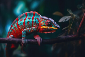 Spectacularly Colored Chameleon on a Striking Branch. Generative AI