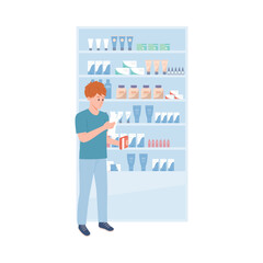Young boy chooses medicine flat style, vector illustration