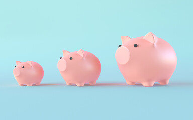 Three ceramic pink piggy banks from small to large stand in a row isolated on a flat blue background with copy space. 3d render illustration.
