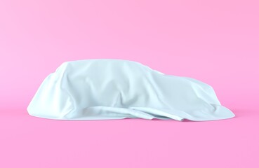 White fabric in the shape of a car. New car, covered with cloth isolated on pink background. Creative car concept as a gift, new car in installments. 3d render illustration.