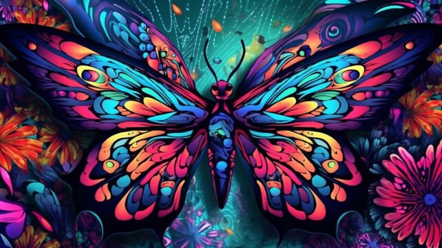 Psychedelic Trippy Butterfly Cartoon 70s, Rave Style, Acid Color. Retrowave Concept. Ai Generative