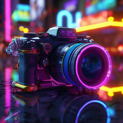 Fototapeta na wymiar Camera, neon lights (made with generative AI)