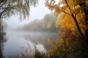 misty autumn morning, with mist rising off the water and blurry view of trees on the other side, created with generative ai