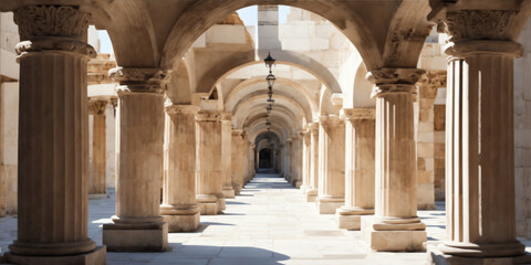 Greek architecture corridor. Ancient greek sculpture photography from Generative AI
