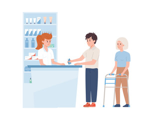 People staying in line in pharmacy store, flat vector illustration isolated on white background.