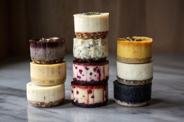 stack of mini cheesecakes, each one with a different flavor, created with generative ai