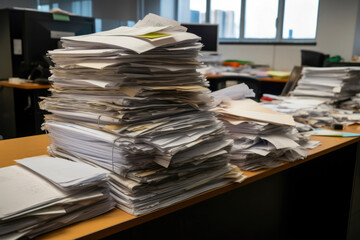 Pile of papers in an office. Generative AI