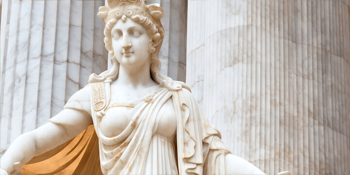 Marble statue of an ancient Greek goddess athena on greek architecture interior background. Ancient greek sculpture photography from Generative AI