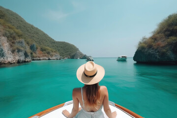 Fototapeta na wymiar Vacation Vibes: Woman Unwinding on a Boat. Generative AI