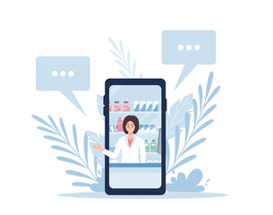 Fototapeta na wymiar Online pharmacy concept, pharmacist in smartphone - flat vector illustration isolated on white background.