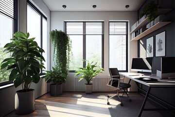Fototapeta na wymiar office with windows and natural light, and plants for greenery, created with generative ai