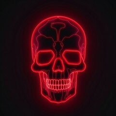 Human skull glowing with red neon light in a black background, generative AI