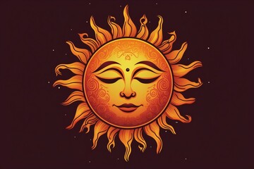Stylized illustration of an orange sun with a face and sun beams in a brown background, generative AI