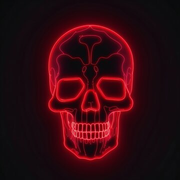 Human skull glowing with red neon light in a black background, generative AI