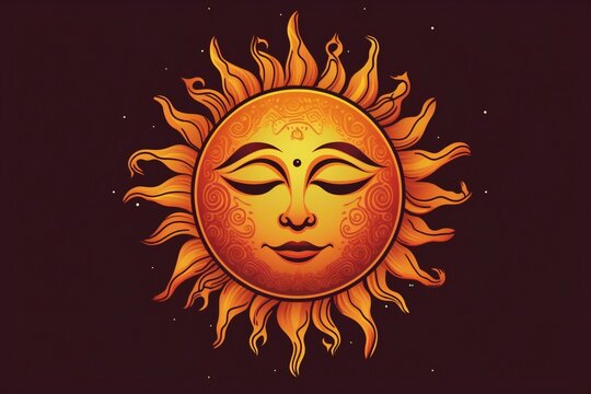 Stylized illustration of an orange sun with a face and sun beams in a brown background, generative AI