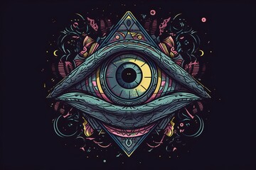 Colorful and abstract illustration of an eye in a black background, generative AI
