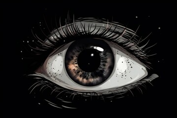 Dark illustration of an eye in a black background, generative AI