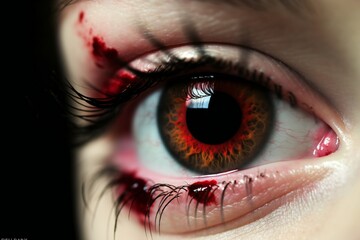 Closeup of a red bloody eye with veins, generative AI