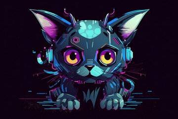 Illustration of a robot sci-fi cat in a black background, generative AI