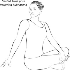 Fototapeta premium Sketch of young woman practicing yoga, doing Seated Twist pose. Parivritta Sukhasana. Seated and Twist. Beginner. Vector illustration isolated on transparent background.