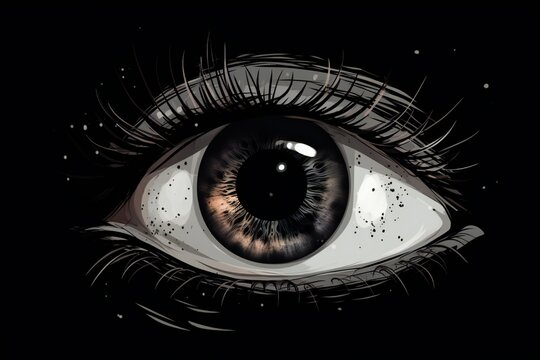 Dark illustration of an eye in a black background, generative AI