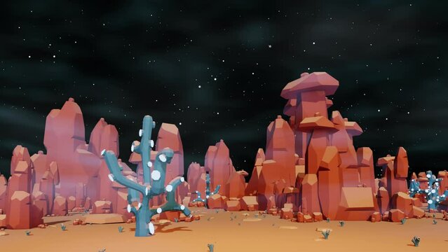 Alien landscape with rocks and trees - horizontal camera movement. 3D low-poly style animation