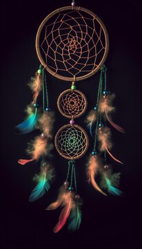Dream catcher with feathers in a black background, generative AI
