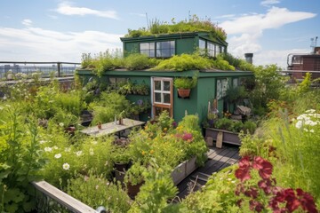 Fototapeta na wymiar green rooftop garden with flourishing plants, blooming flowers and hummingbird feeder, created with generative ai