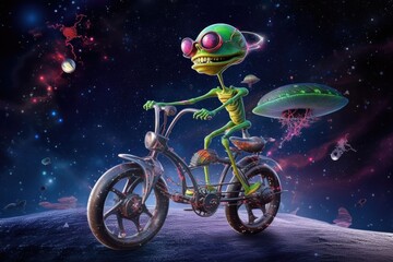 alien riding futuristic bicycle through space, with planets and stars in the background, created with generative ai