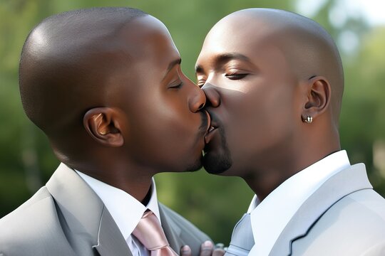 Homosexual kiss close-up. A love relationship between two boys of African appearance, generative AI.