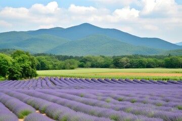 Fototapeta na wymiar lavender field, with rolling hills and mountains in the background, created with generative ai