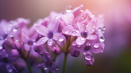 Beautiful purple lilac flowers. Macro lilac flowers with Dew Drops. Generative AI.