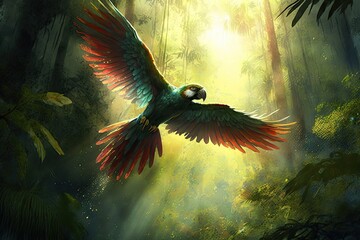 Fototapeta premium parrot in flight over lush jungle, with sunlight filtering through the trees, created with generative ai