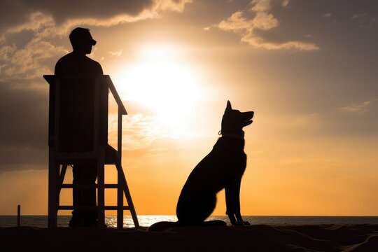 silhouette of dog and cat lifeguards protecting beachgoers from unseen dangers, created with generative ai