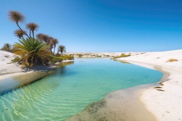 Fototapeta na wymiar oasis with clear blue water, surrounded by dunes and palm trees, created with generative ai