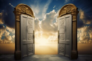 Entrance to heaven in heaven. A large and luxurious door that opens to heaven, generative AI. - obrazy, fototapety, plakaty