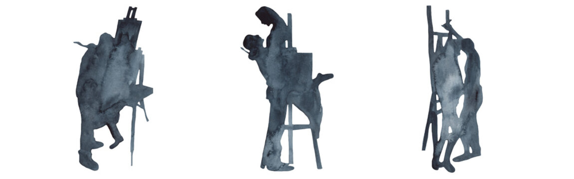 Silhouette Of A Couple On An Art Lesson Set.Blue Waatercolor Silhouette Couple Isolated On White Background.Men And Women Spend Time Together.