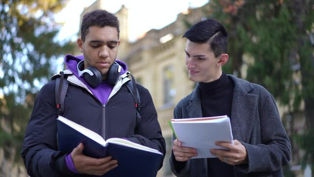 Medium shot portrait of African American and Caucasian men talking reading studies in exercise book leaving. Confident intelligent university students at campus outdoors
