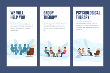 Set of flyers about group therapy flat style, vector illustration