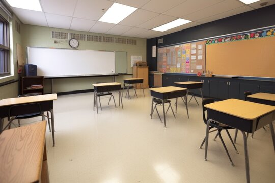 empty classroom, ready for a new school year with chalkboard and blackboard in place, created with generative ai
