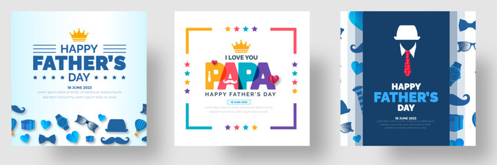 happy Father's Day social media post greetings, banner,  background and poster design template celebrate in june. Father's Day background or banner with necktie, glasses, hat, and gift box. 